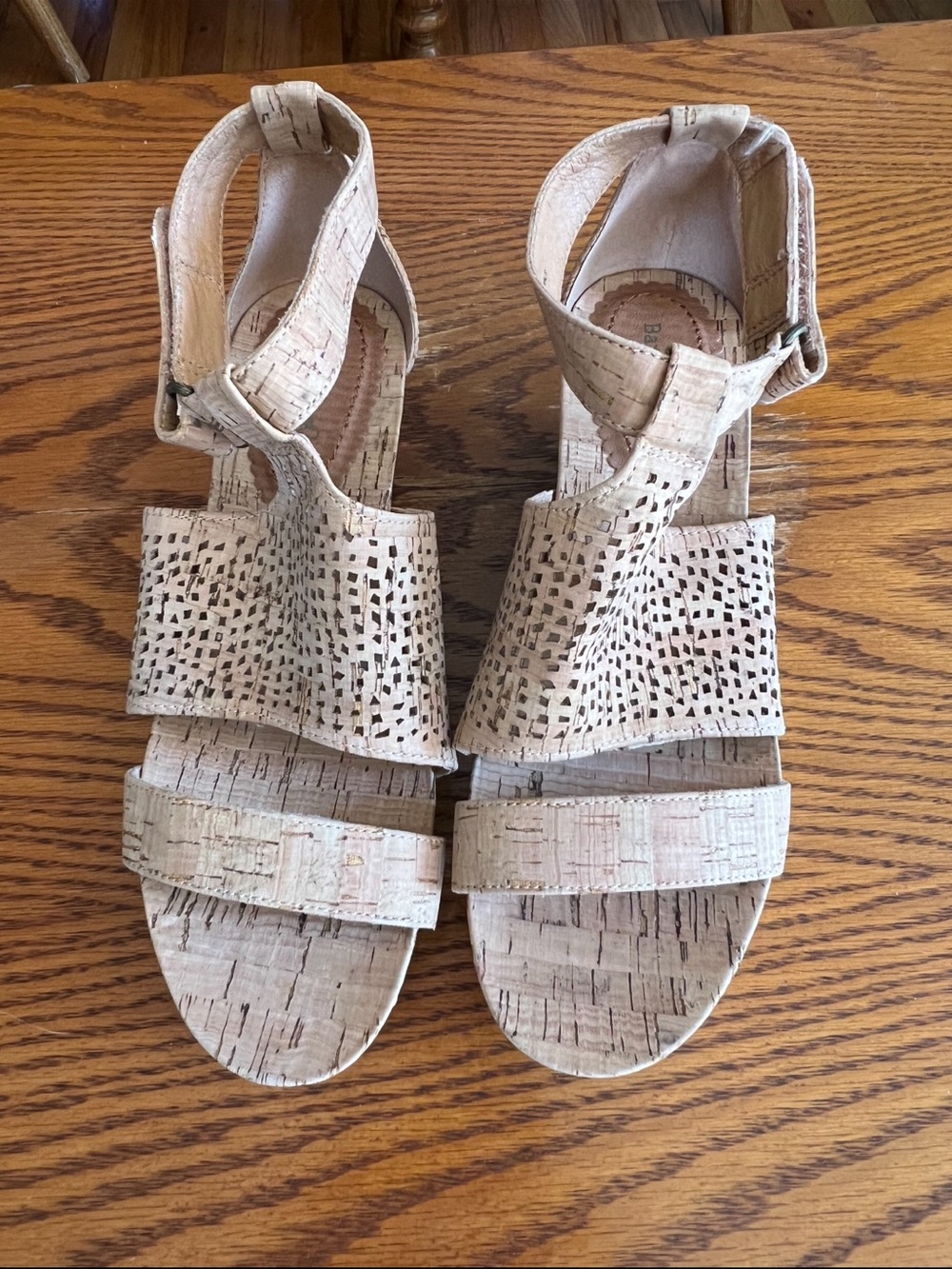 BareTraps tan Cork-Textured Perforated Ankle Strap wedges